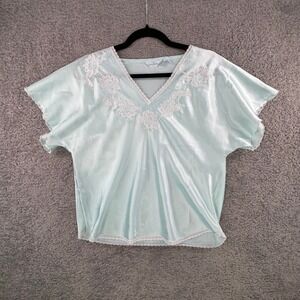 VTG Erika Taylor Mint Green Satin Pajama Top Floral Embroidery Lace Trim Women M